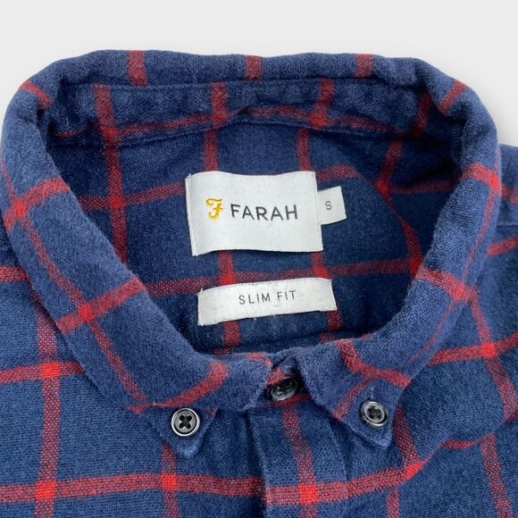 Farah Shirt Mens Small Slim Fit Flannel Windowpane Check Navy Logo Button Down - Picture 9 of 13